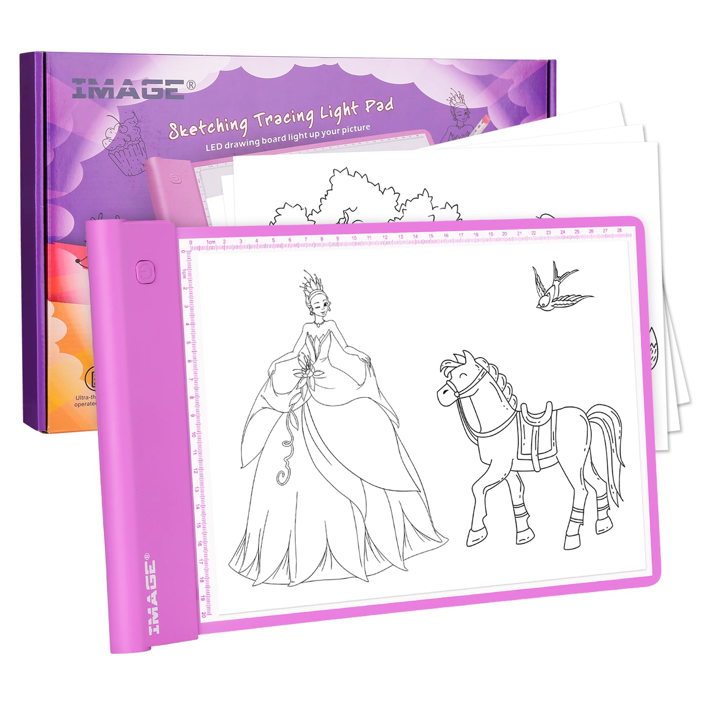 IMAGE Light Up Tracing Pad Pink Drawing Tablet Coloring Board for Kids Children to for Girls Boy (includes 10 Traceable Sheets and Two Clips)