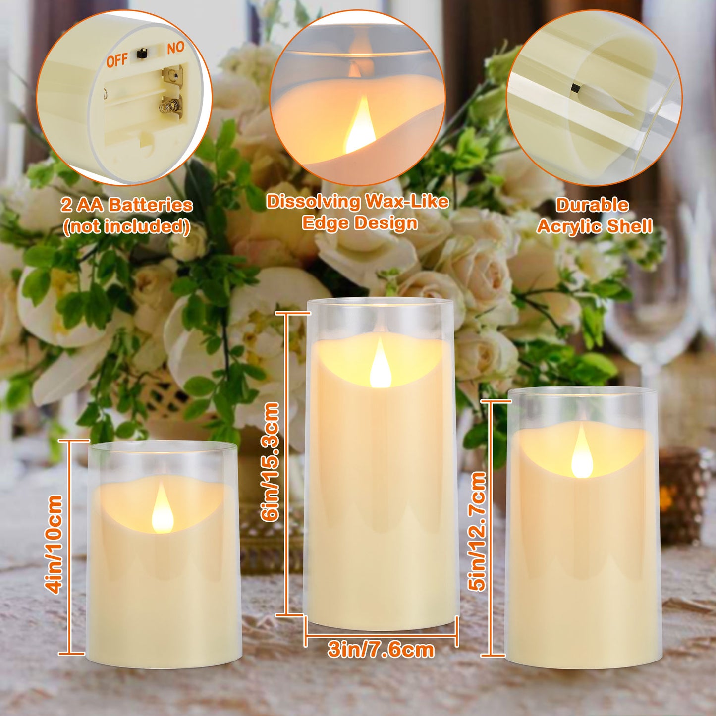 IMAGE Flickering Flameless Candles Battery Operated, 3 Pack Acrylic Shell 3D Wick LED Pillar Candles with Remote Control Timer for Wedding Christmas Home Decor (D 3"×H 4" 5" 6"), Ivory
