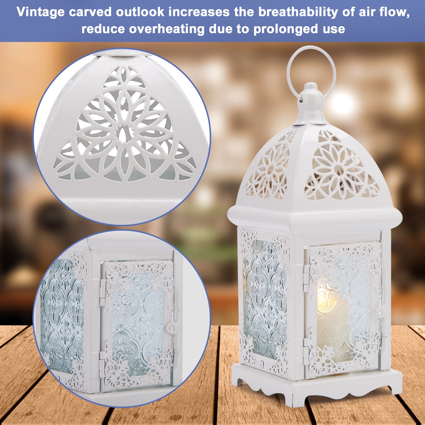 Candle Lantern Holder, Image 2 Pcs Metal Candle Lantern Holder with Transparent Glass, Vintage Hanging Lantern Tabletop Decoration Birdcage for Home Décor and Wedding White
