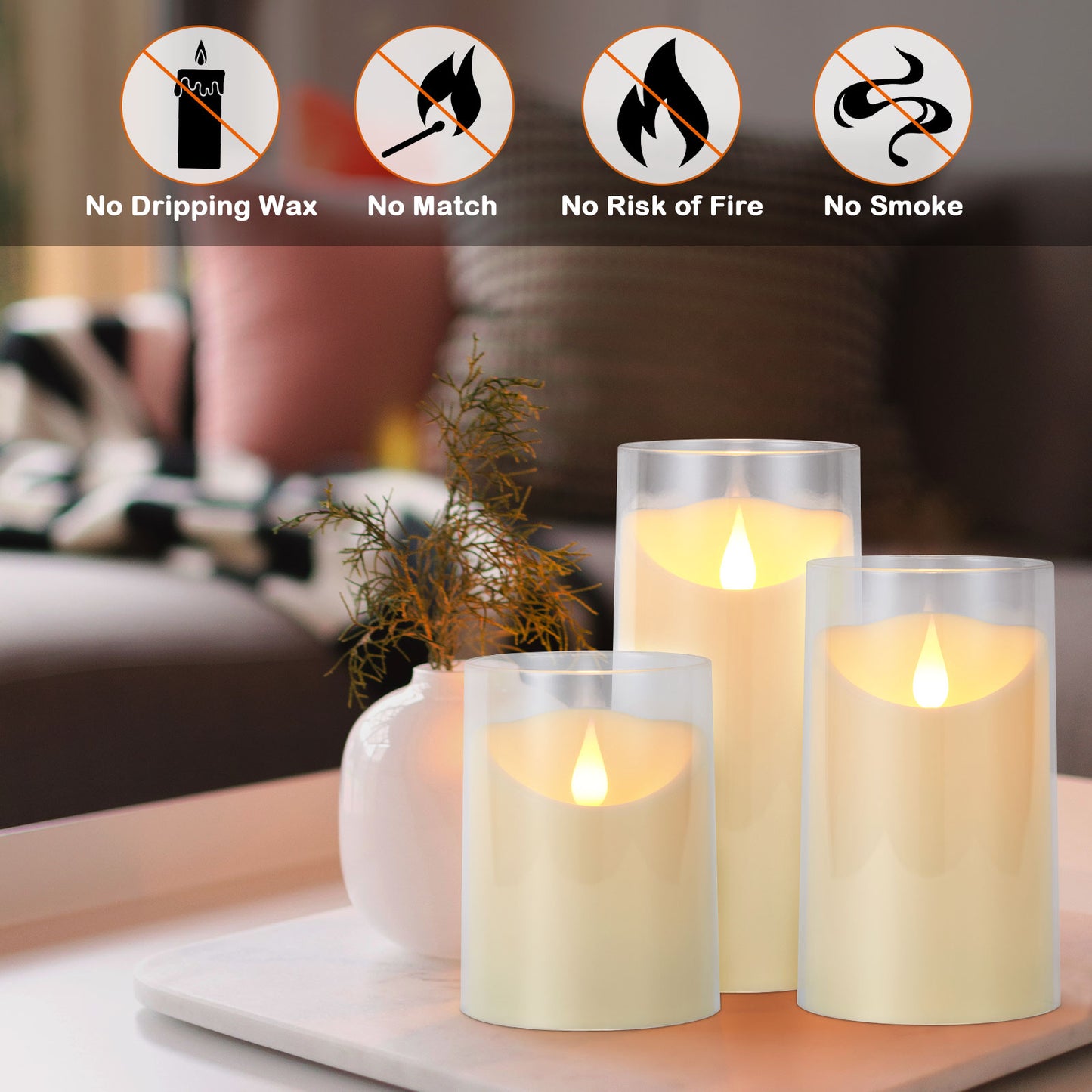 IMAGE Flickering Flameless Candles Battery Operated, 3 Pack Acrylic Shell 3D Wick LED Pillar Candles with Remote Control Timer for Wedding Christmas Home Decor (D 3"×H 4" 5" 6"), Ivory