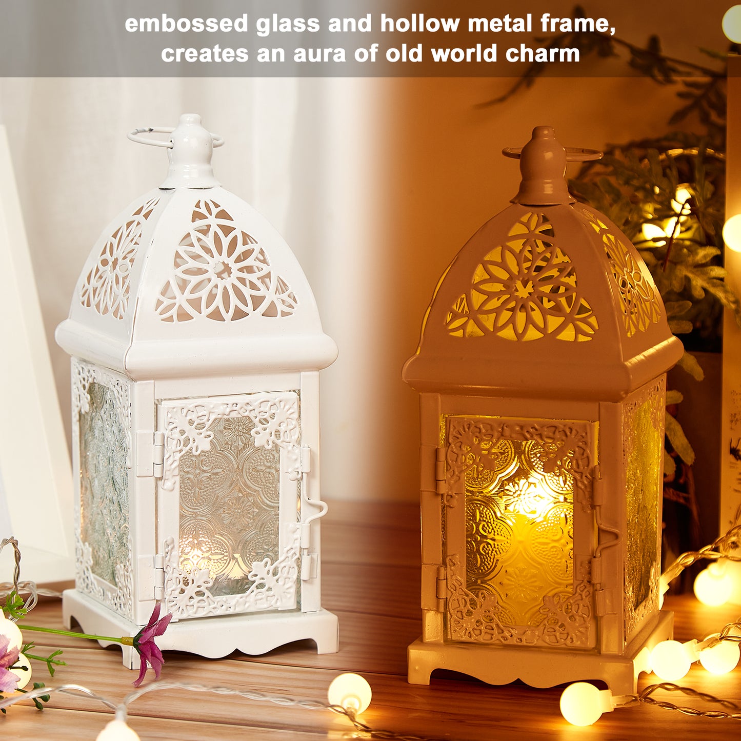 Candle Lantern Holder, Image 2 Pcs Metal Candle Lantern Holder with Transparent Glass, Vintage Hanging Lantern Tabletop Decoration Birdcage for Home Décor and Wedding White