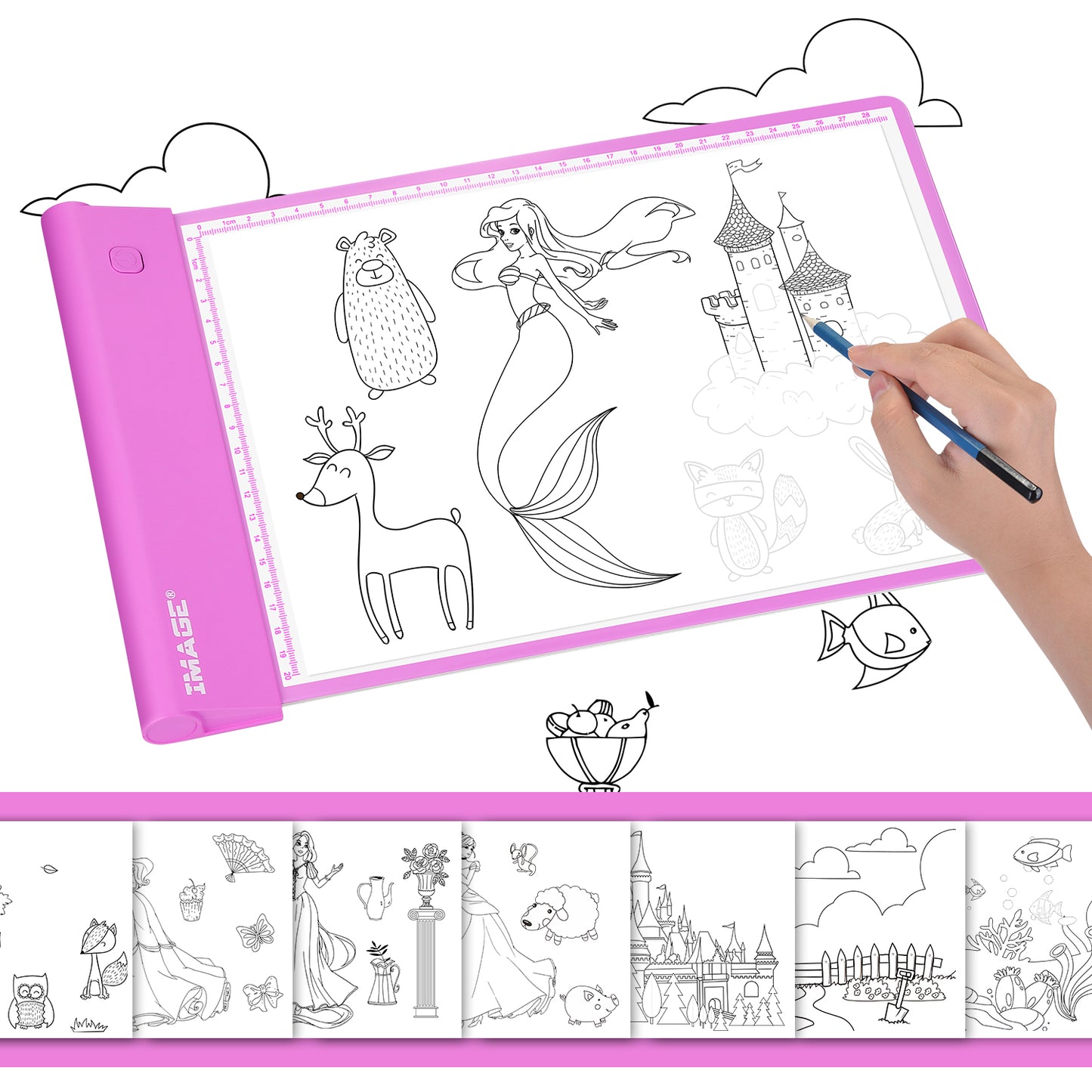 IMAGE Light Up Tracing Pad Pink Drawing Tablet Coloring Board for Kids Children to for Girls Boy (includes 10 Traceable Sheets and Two Clips)