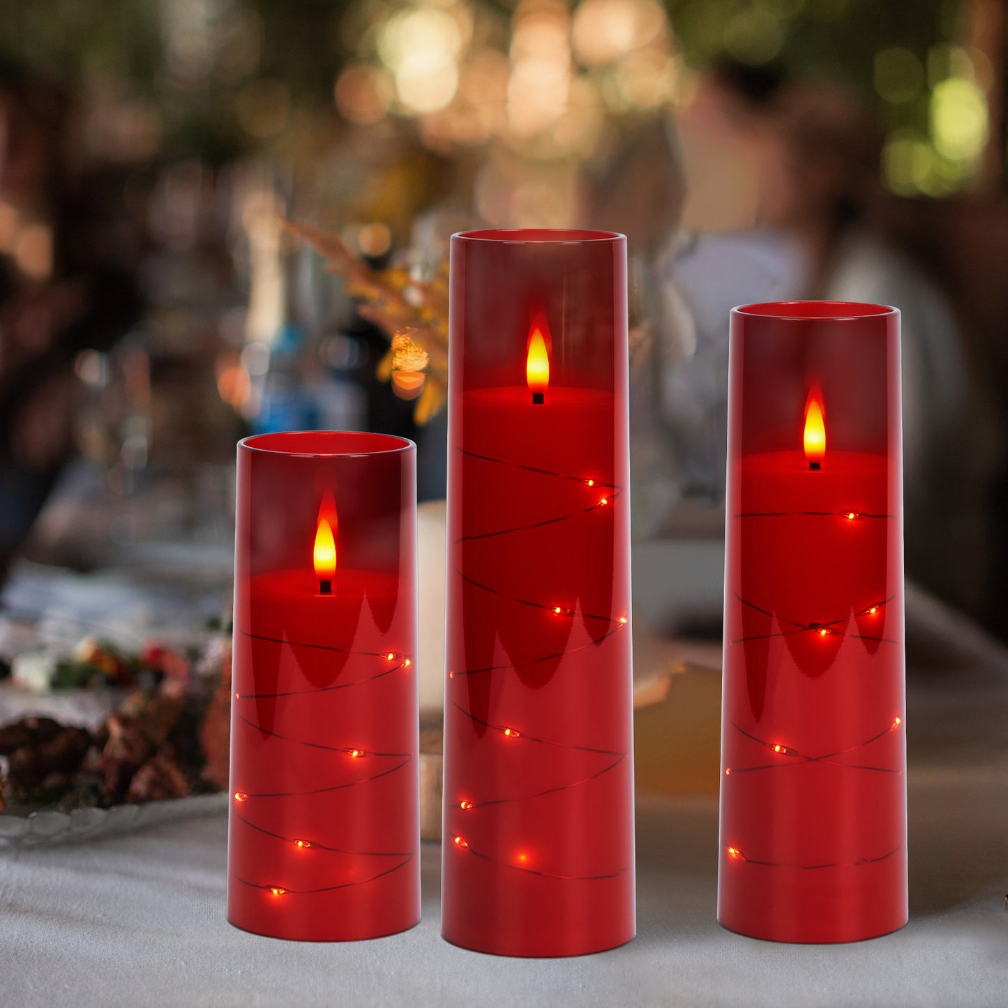 IMAGE Flickering Flameless Candles Battery Operated, Acrylic Shell Pillar 3D Wick LED Candles with 11-Key Remote Control Timer for Wedding Christmas Home Decor Set of 5 (D2.3 in X H5 5 7 7 8 in), Red
