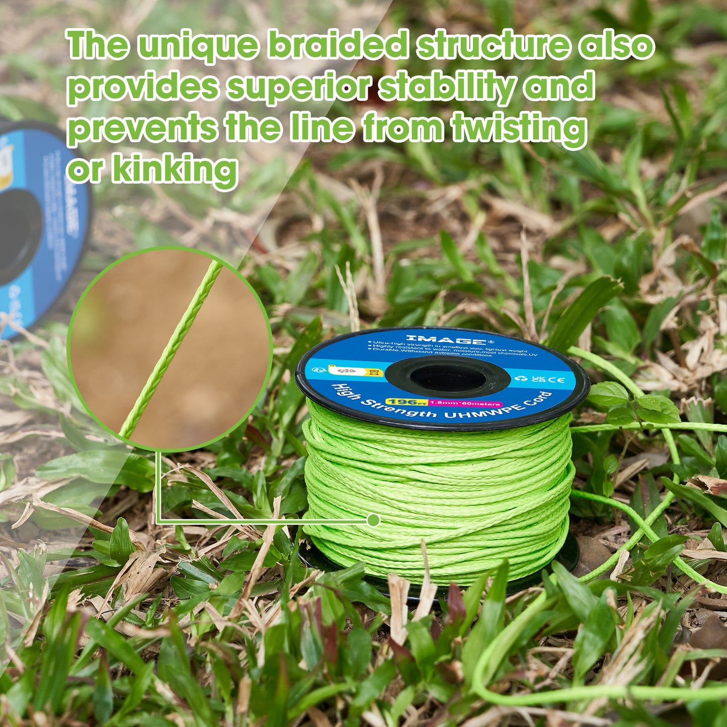 IMAGE Kevlar Cord196ft UHMWPE Braided Throw Line Nylon Cord 1.8mm, 660LB High Strength, Low Stretch, Spliceable Arborist Rope for Tree Work, Hammock, Tarp, Tent, Camping (Green, 196ft)