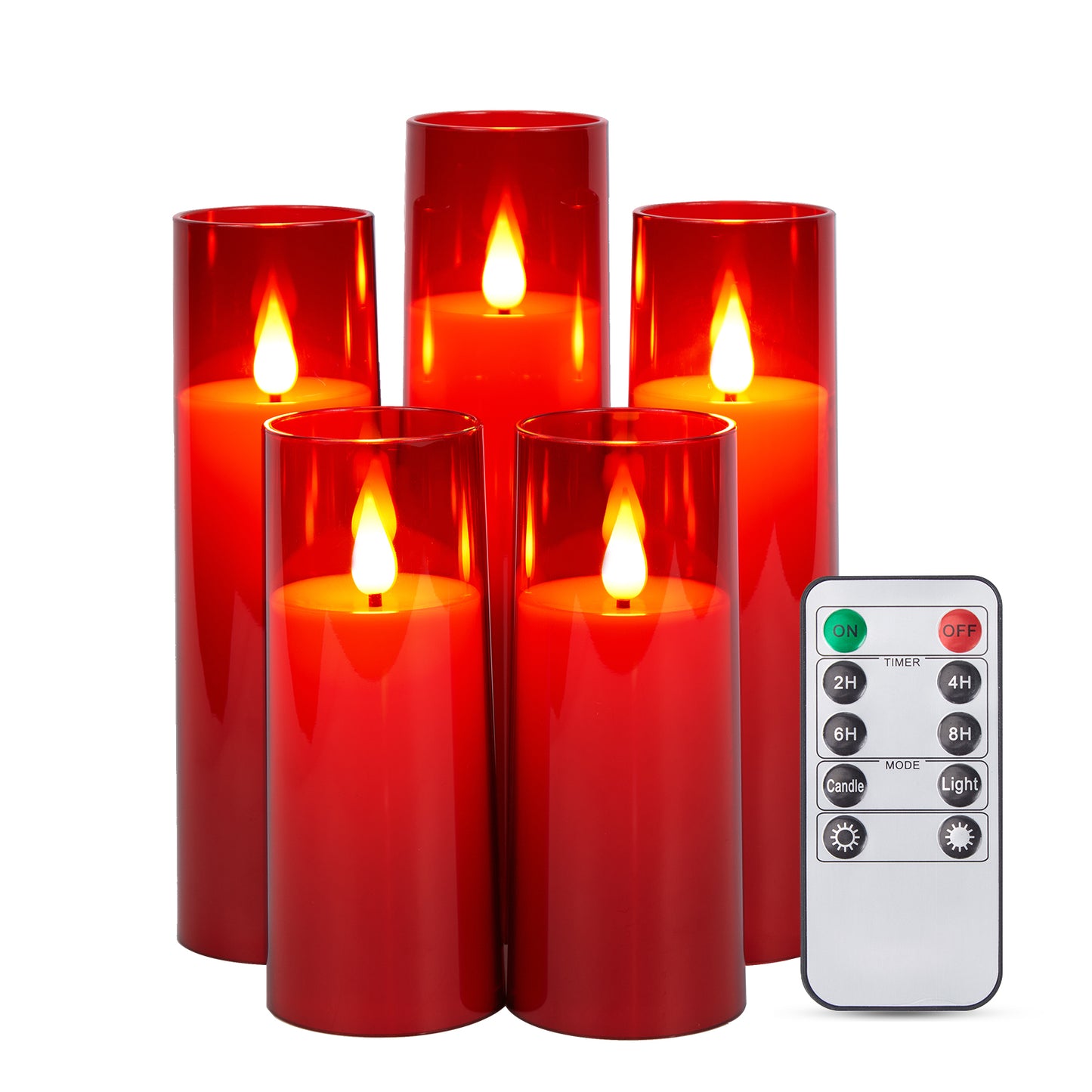 IMAGE Flickering Flameless Candles Battery Operated, Acrylic Shell Pillar 3D Wick LED Candles with 10-Key Remote Control Timer for Wedding Christmas Home Decor Set of 5 (D2.3 in X H5 5 7 7 8 in), Red