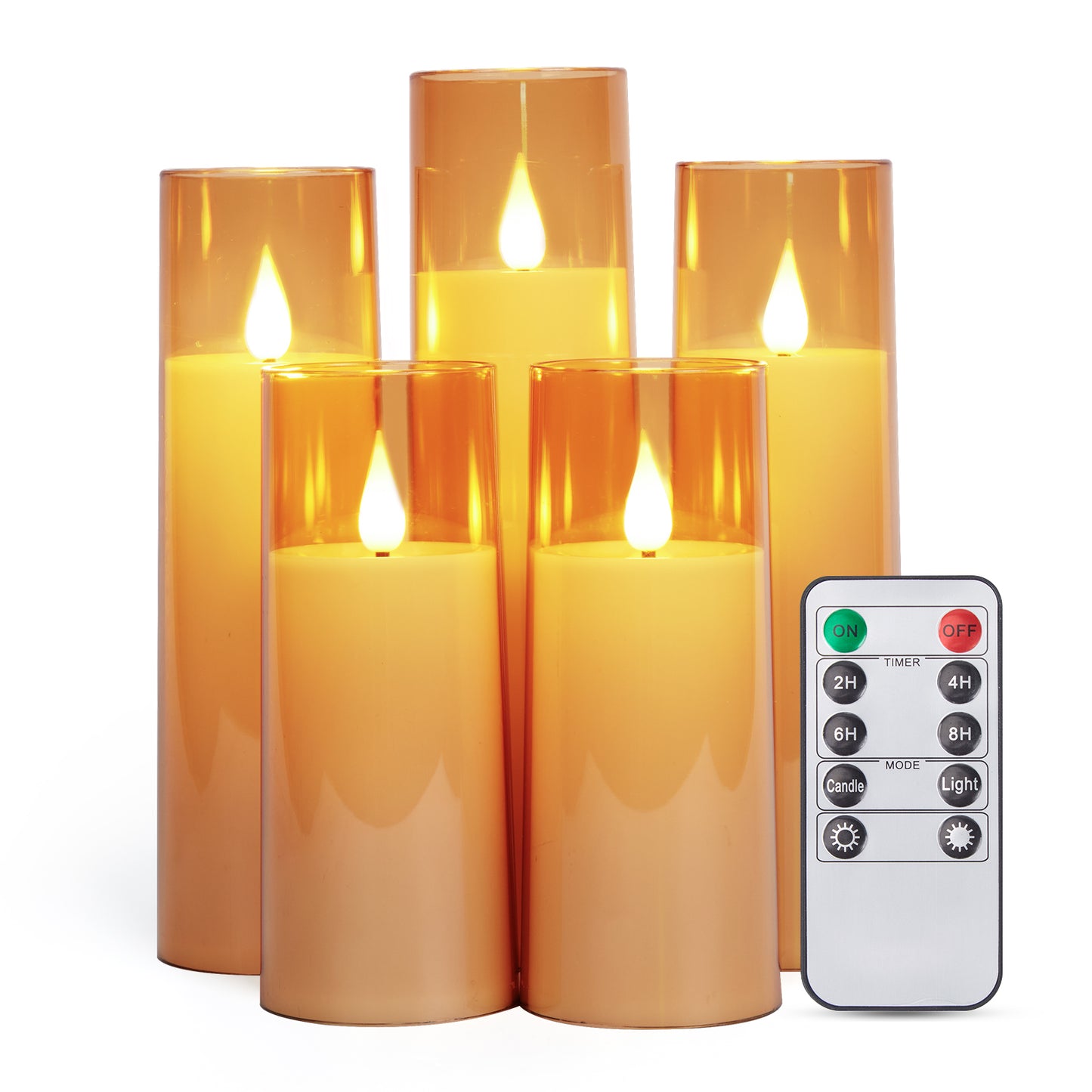 IMAGE Flickering Flameless Candles Battery Operated, Acrylic Shell Pillar 3D Wick LED Candles with 10-Key Remote Control Timer for Wedding Christmas Home Decor Set of 5 (D2.3 in X H5 5 7 7 8 in), Gold
