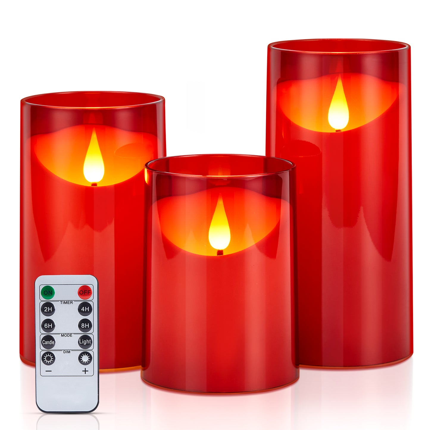 IMAGE Flickering Flameless Candles Battery Operated, 3 Pack Acrylic Shell 3D Wick LED Pillar Candles with Remote Control Timer for Wedding Christmas Home Decor (D 3"×H 4" 5" 6"), Red