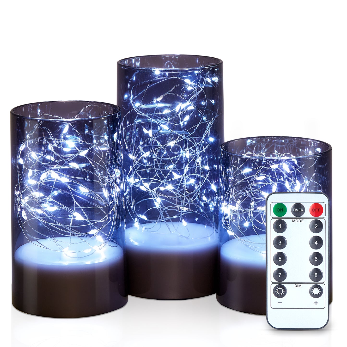 Flickering Flameless Candles with String Lights - IMAGE 3PCS Acrylic Shell Pillar LED Candles Featuring 13-Key Remote Timer, Battery Operated for Home, Wedding and Party Decor (D3 in X H4/5/6 in), Grey