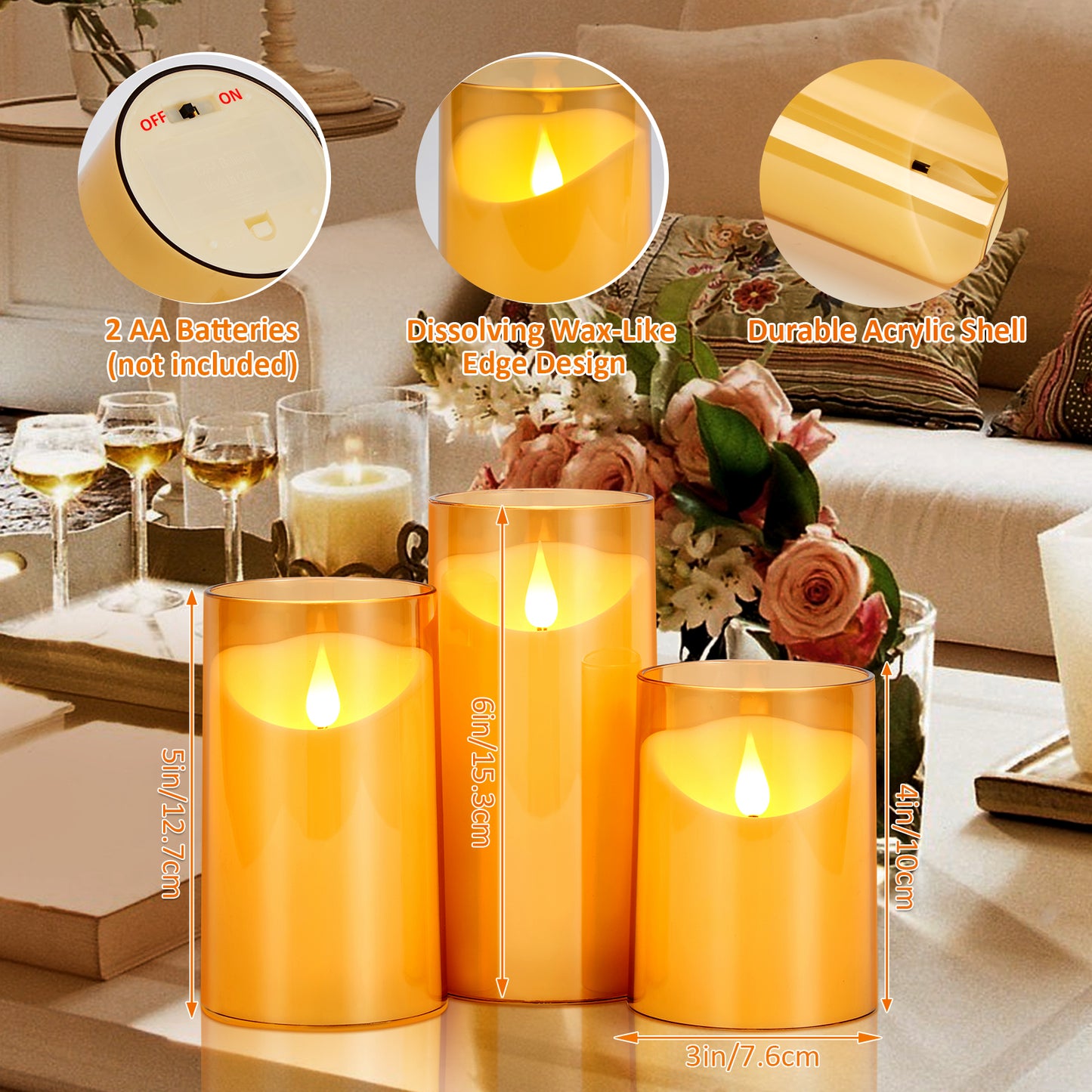IMAGE Flickering Flameless Candles Battery Operated, 3 Pack Acrylic Shell 3D Wick LED Pillar Candles with Remote Control Timer for Wedding Christmas Home Decor (D 3"×H 4" 5" 6"), Gold