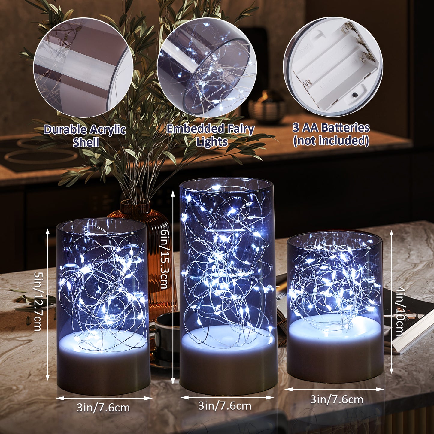 Flickering Flameless Candles with String Lights - IMAGE 3PCS Acrylic Shell Pillar LED Candles Featuring 13-Key Remote Timer, Battery Operated for Home, Wedding and Party Decor (D3 in X H4/5/6 in), Grey