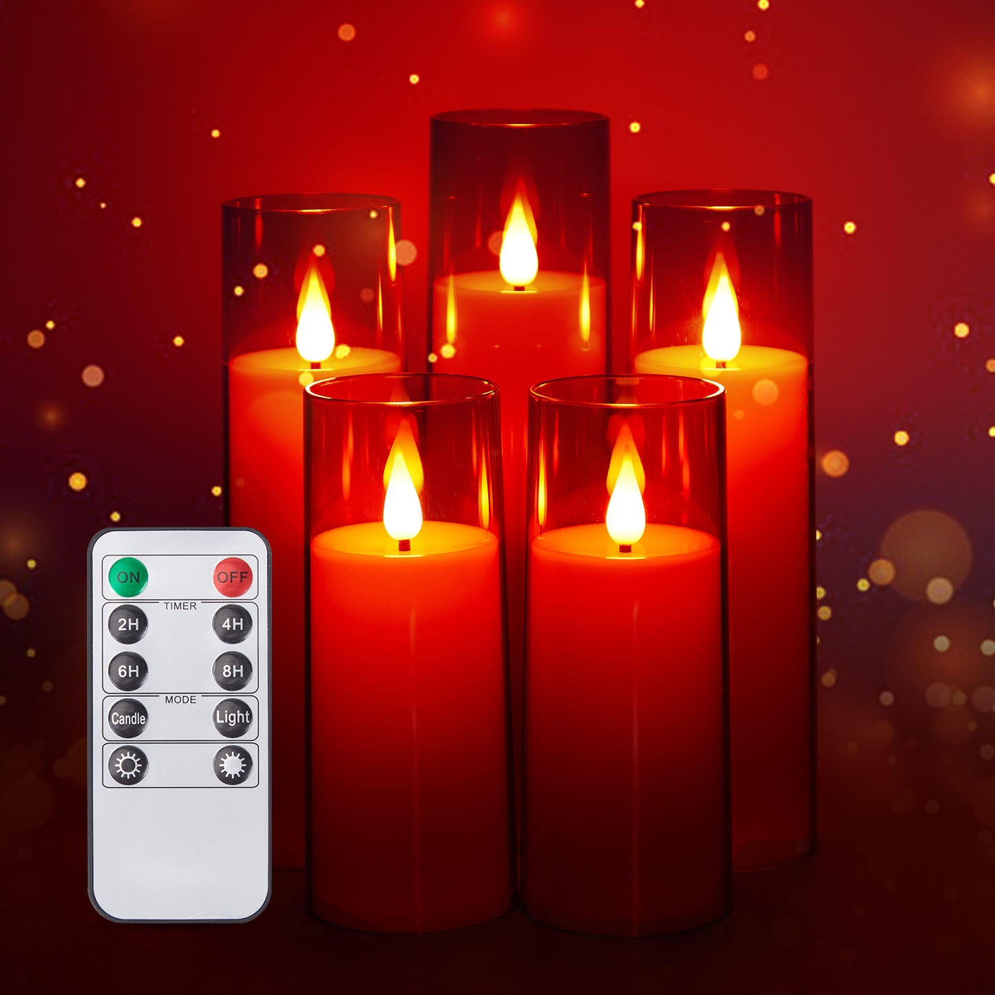 IMAGE Flickering Flameless Candles Battery Operated, Acrylic Shell Pillar 3D Wick LED Candles with 10-Key Remote Control Timer for Wedding Christmas Home Decor Set of 5 (D2.3 in X H5 5 7 7 8 in), Red