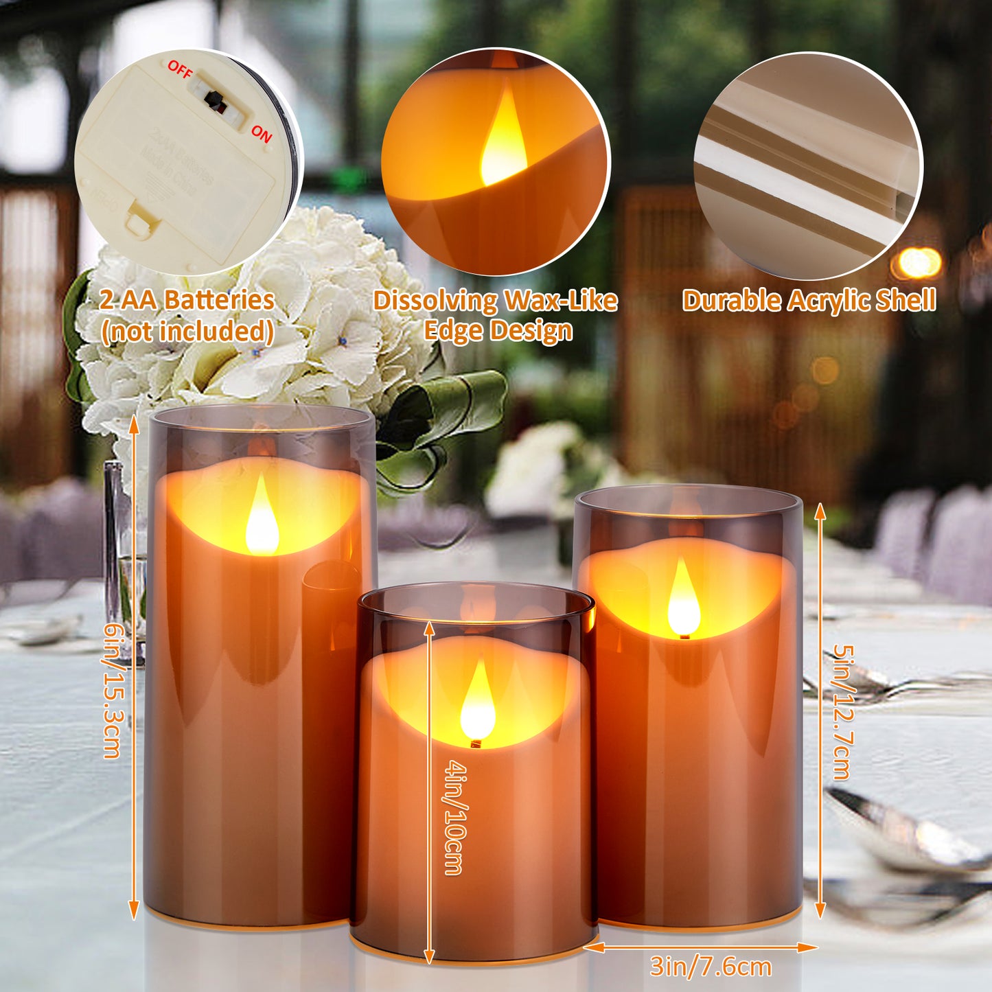 IMAGE Flickering Flameless Candles Battery Operated, 3 Pack Acrylic Shell 3D Wick LED Pillar Candles with Remote Control Timer for Wedding Christmas Home Decor (D 3"×H 4" 5" 6"), Gray