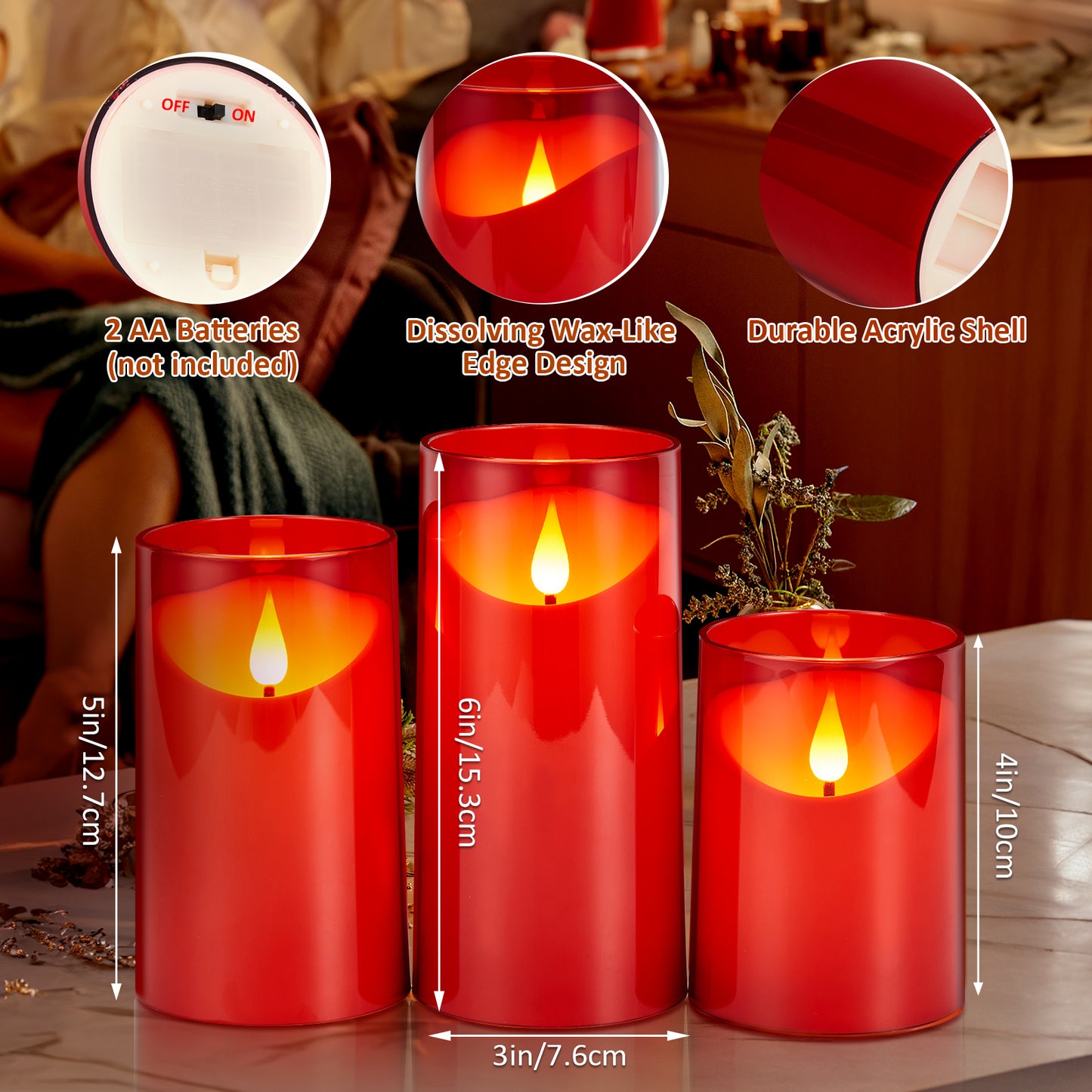 IMAGE Flickering Flameless Candles Battery Operated, 3 Pack Acrylic Shell 3D Wick LED Pillar Candles with Remote Control Timer for Wedding Christmas Home Decor (D 3"×H 4" 5" 6"), Red
