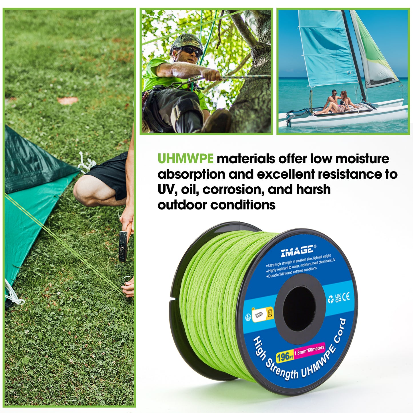 IMAGE Kevlar Cord196ft UHMWPE Braided Throw Line Nylon Cord 1.8mm, 660LB High Strength, Low Stretch, Spliceable Arborist Rope for Tree Work, Hammock, Tarp, Tent, Camping (Green, 196ft)