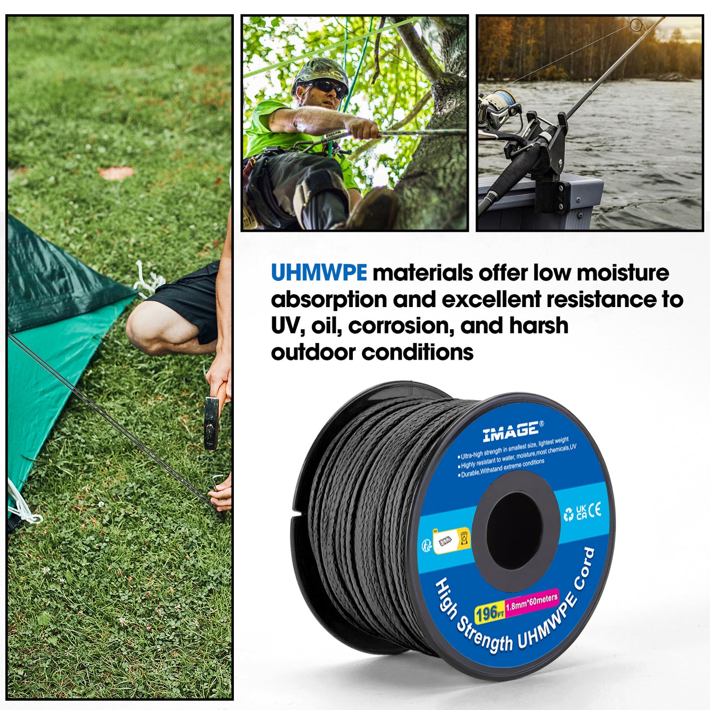 IMAGE Kevlar Cord196ft UHMWPE Braided Throw Line Nylon Cord 1.8mm, 660LB High Strength, Low Stretch, Spliceable Arborist Rope for Tree Work, Hammock, Tarp, Tent, Camping