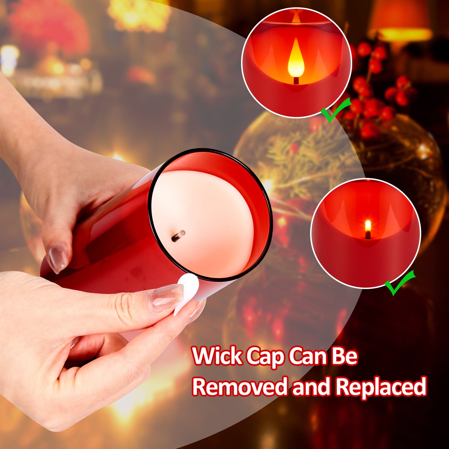 IMAGE Flickering Flameless Candles Battery Operated, 3 Pack Acrylic Shell 3D Wick LED Pillar Candles with Remote Control Timer for Wedding Christmas Home Decor (D 3"×H 4" 5" 6"), Red