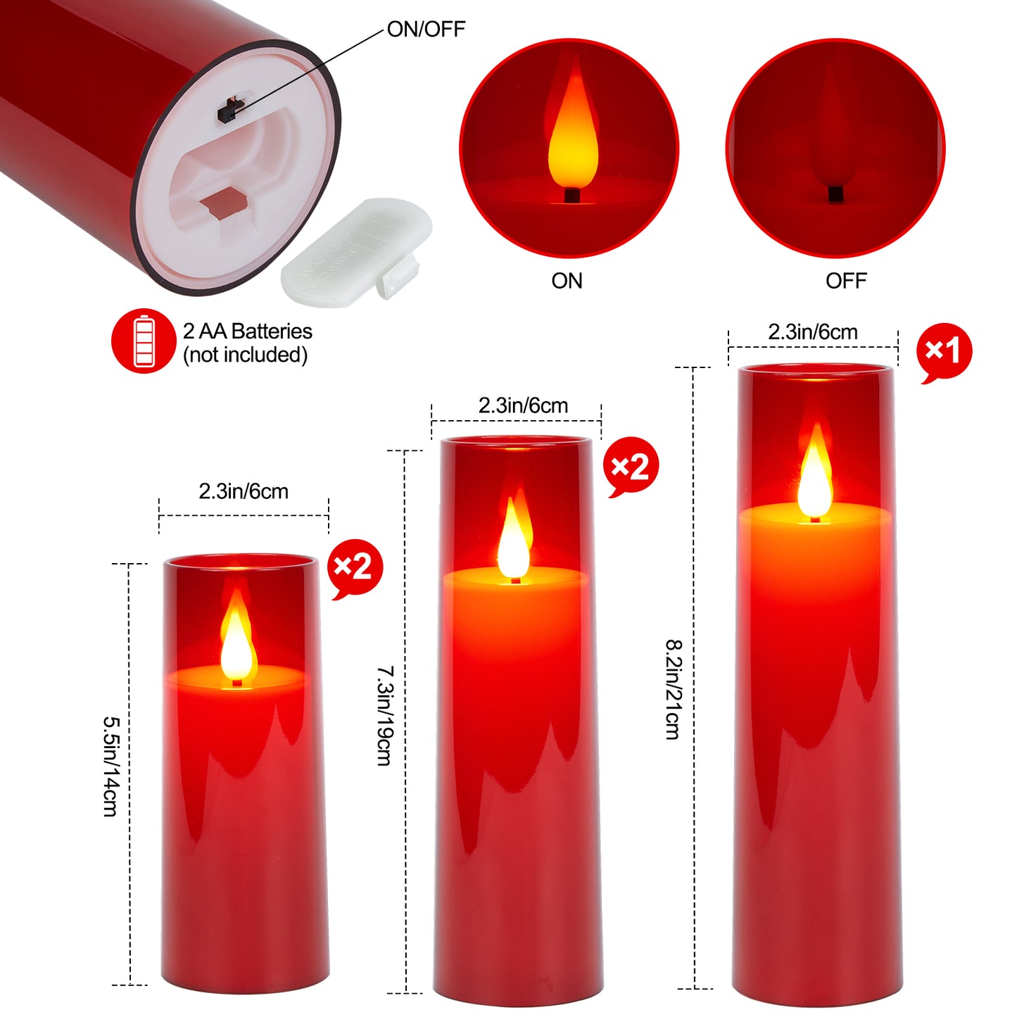 IMAGE Flickering Flameless Candles Battery Operated, Acrylic Shell Pillar 3D Wick LED Candles with 10-Key Remote Control Timer for Wedding Christmas Home Decor Set of 5 (D2.3 in X H5 5 7 7 8 in), Red