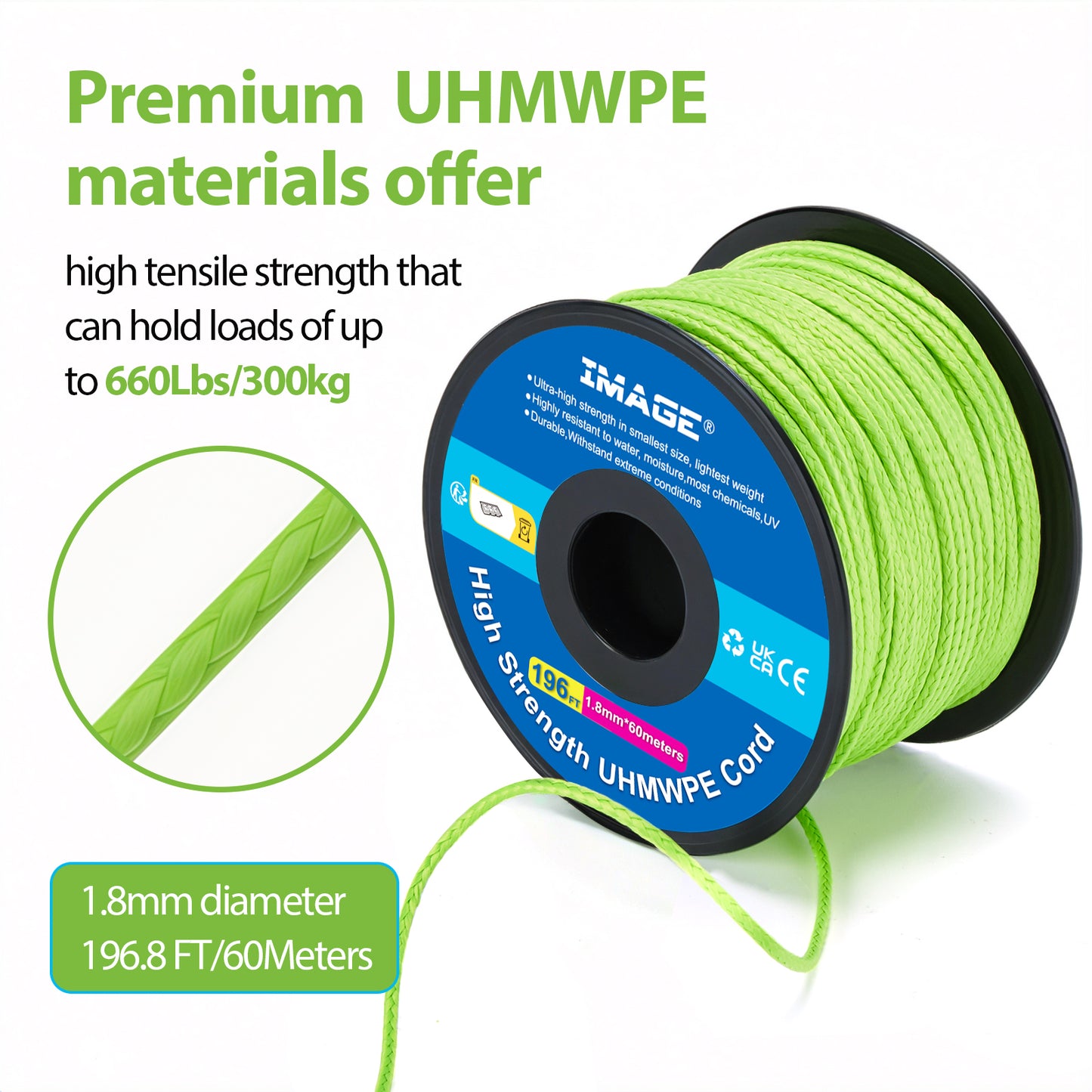 IMAGE Kevlar Cord196ft UHMWPE Braided Throw Line Nylon Cord 1.8mm, 660LB High Strength, Low Stretch, Spliceable Arborist Rope for Tree Work, Hammock, Tarp, Tent, Camping (Green, 196ft)