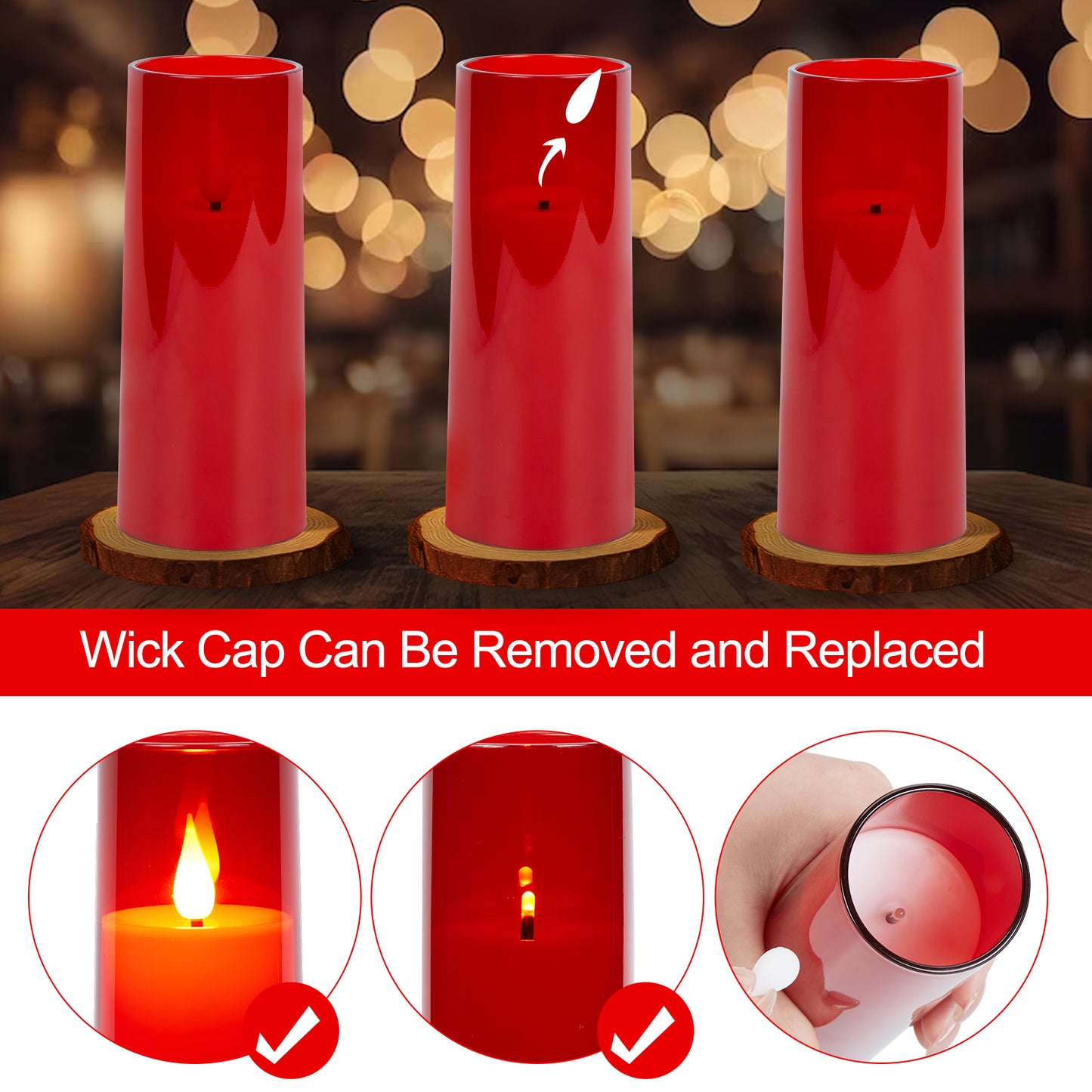 IMAGE Flickering Flameless Candles Battery Operated, Acrylic Shell Pillar 3D Wick LED Candles with 10-Key Remote Control Timer for Wedding Christmas Home Decor Set of 5 (D2.3 in X H5 5 7 7 8 in), Red