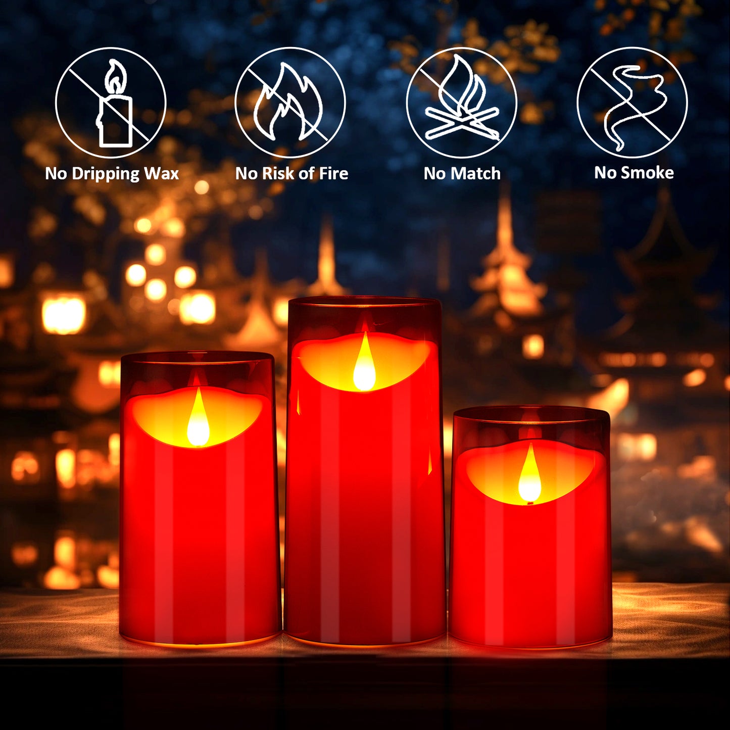 IMAGE Flickering Flameless Candles Battery Operated, 3 Pack Acrylic Shell 3D Wick LED Pillar Candles with Remote Control Timer for Wedding Christmas Home Decor (D 3"×H 4" 5" 6"), Red