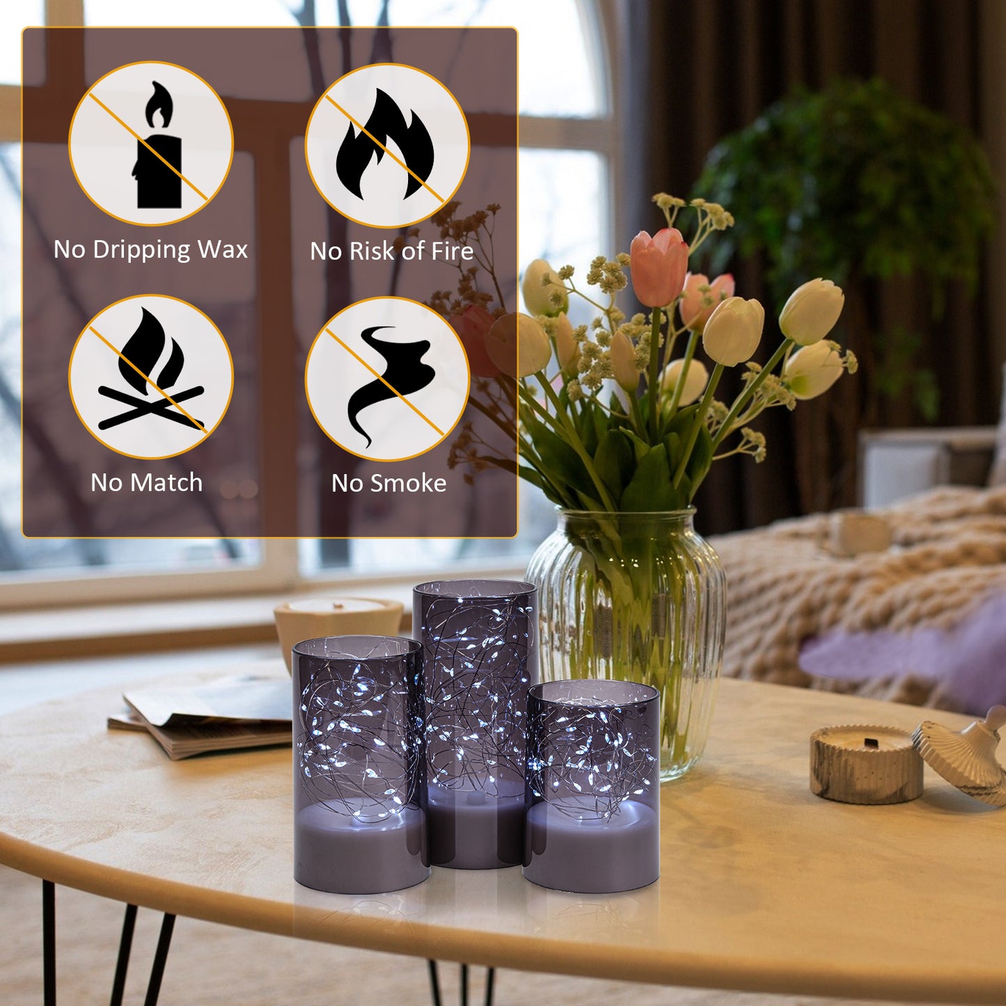 Flickering Flameless Candles with String Lights - IMAGE 3PCS Acrylic Shell Pillar LED Candles Featuring 13-Key Remote Timer, Battery Operated for Home, Wedding and Party Decor (D3 in X H4/5/6 in), Grey