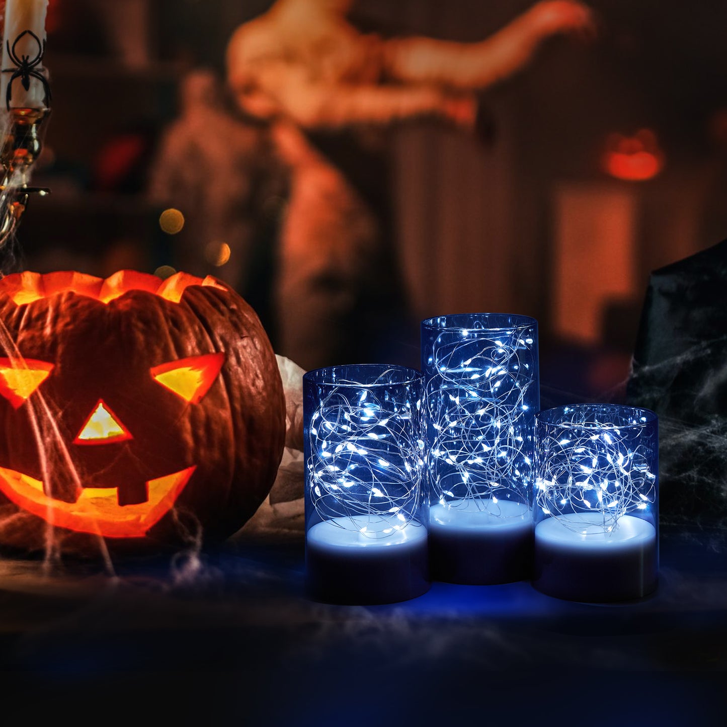 Flickering Flameless Candles with String Lights - IMAGE 3PCS Acrylic Shell Pillar LED Candles Featuring 13-Key Remote Timer, Battery Operated for Home, Wedding and Party Decor (D3 in X H4/5/6 in), Grey