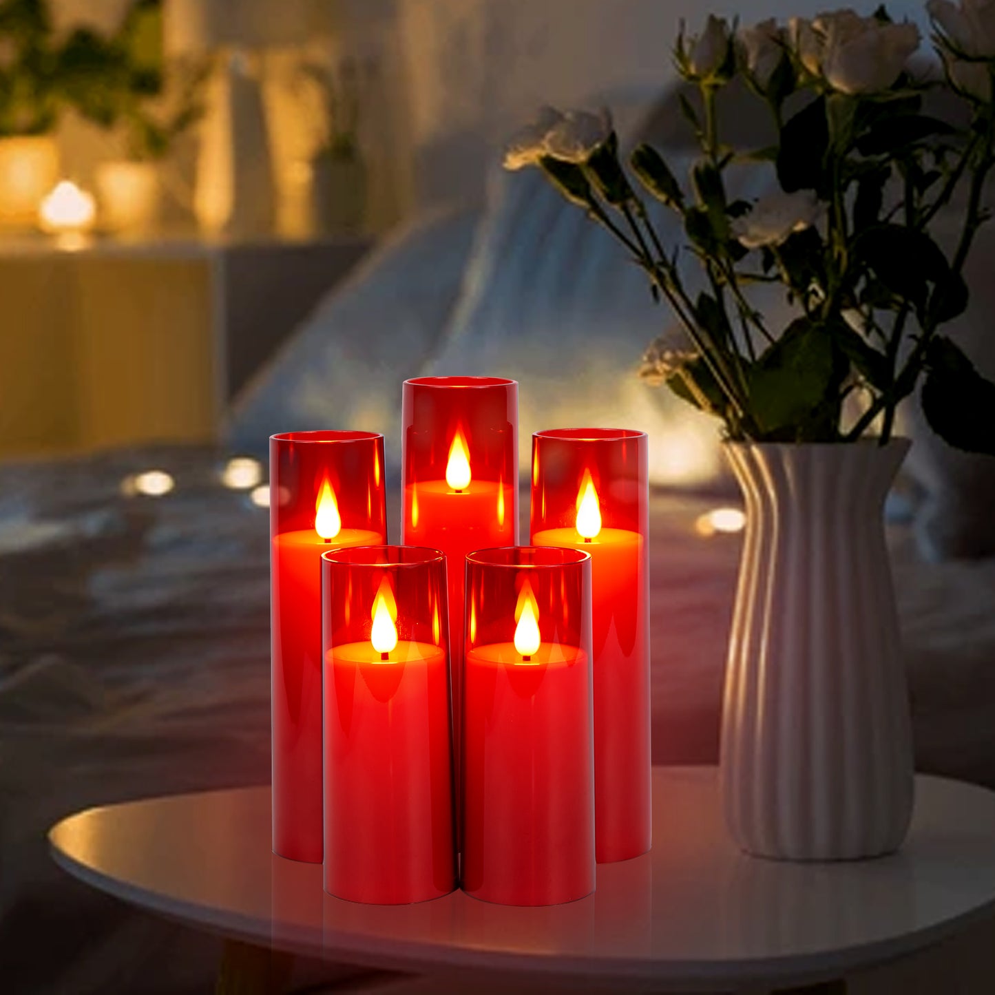 IMAGE Flickering Flameless Candles Battery Operated, Acrylic Shell Pillar 3D Wick LED Candles with 10-Key Remote Control Timer for Wedding Christmas Home Decor Set of 5 (D2.3 in X H5 5 7 7 8 in), Red