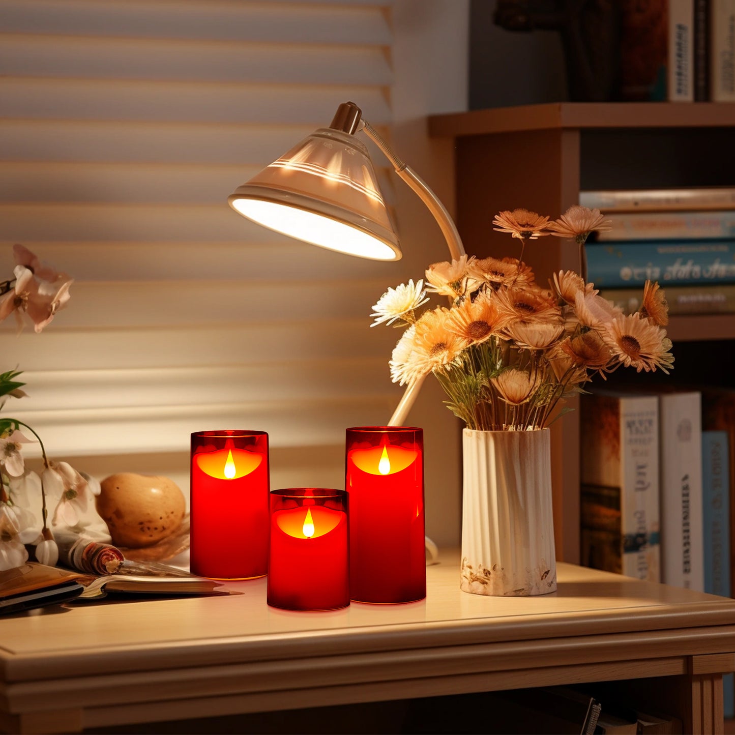 IMAGE Flickering Flameless Candles Battery Operated, 3 Pack Acrylic Shell 3D Wick LED Pillar Candles with Remote Control Timer for Wedding Christmas Home Decor (D 3"×H 4" 5" 6"), Red