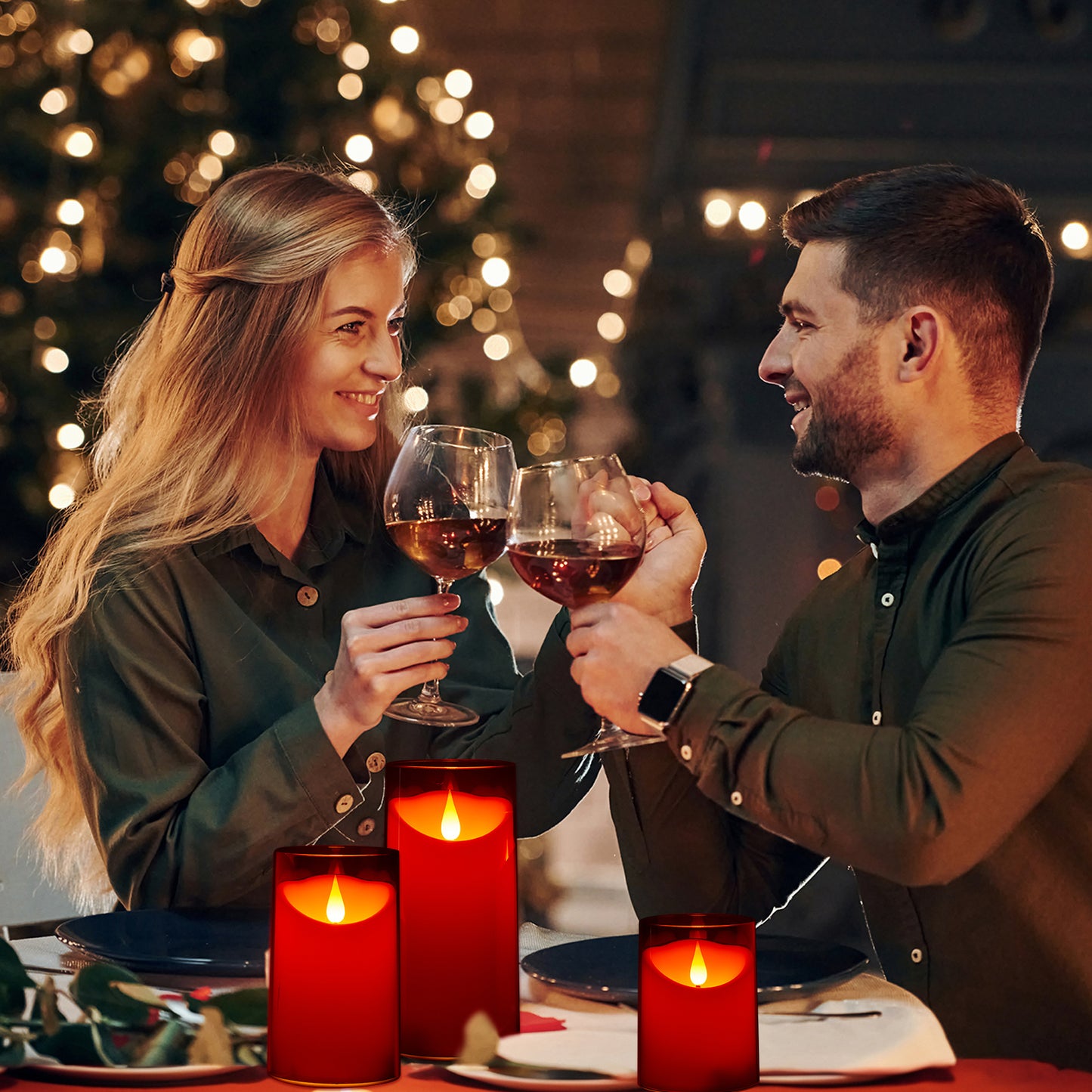 IMAGE Flickering Flameless Candles Battery Operated, 3 Pack Acrylic Shell 3D Wick LED Pillar Candles with Remote Control Timer for Wedding Christmas Home Decor (D 3"×H 4" 5" 6"), Red
