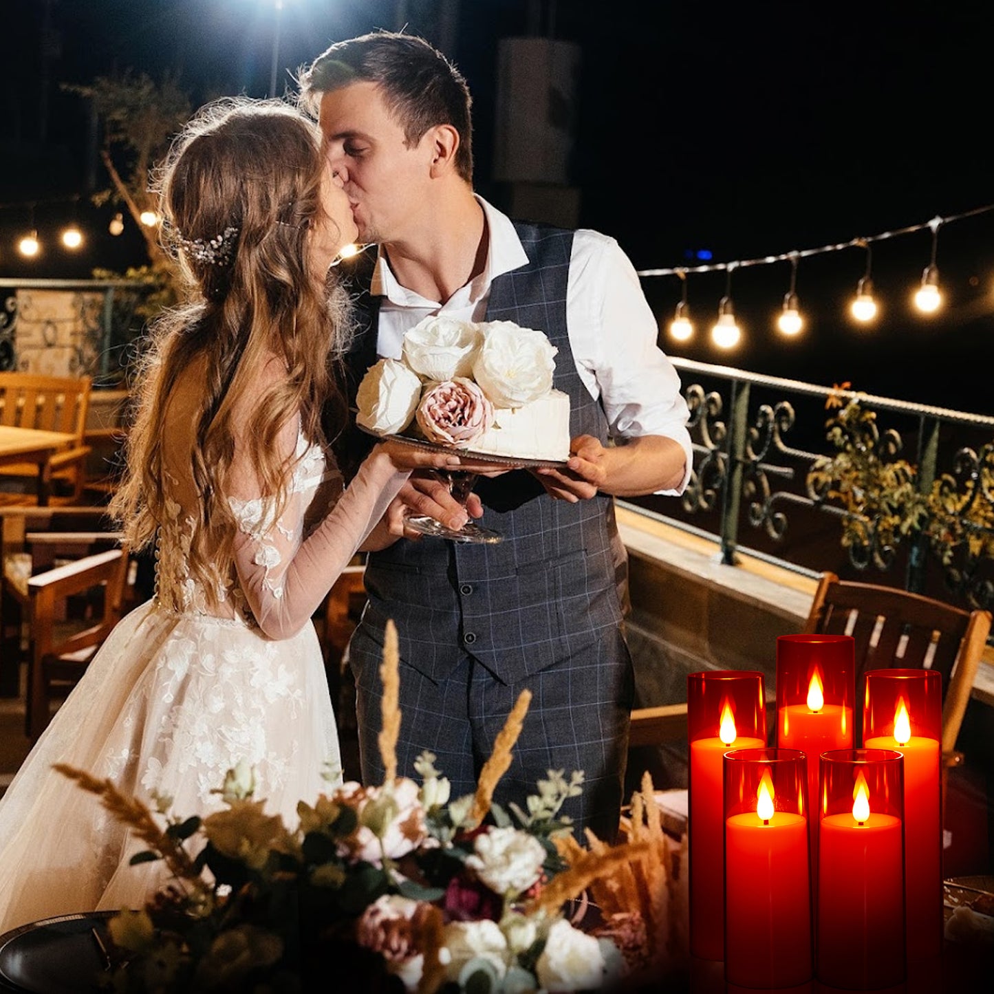 IMAGE Flickering Flameless Candles Battery Operated, Acrylic Shell Pillar 3D Wick LED Candles with 10-Key Remote Control Timer for Wedding Christmas Home Decor Set of 5 (D2.3 in X H5 5 7 7 8 in), Red