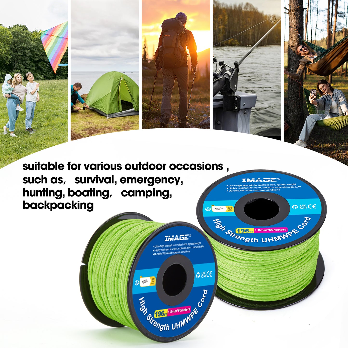 IMAGE Kevlar Cord196ft UHMWPE Braided Throw Line Nylon Cord 1.8mm, 660LB High Strength, Low Stretch, Spliceable Arborist Rope for Tree Work, Hammock, Tarp, Tent, Camping (Green, 196ft)