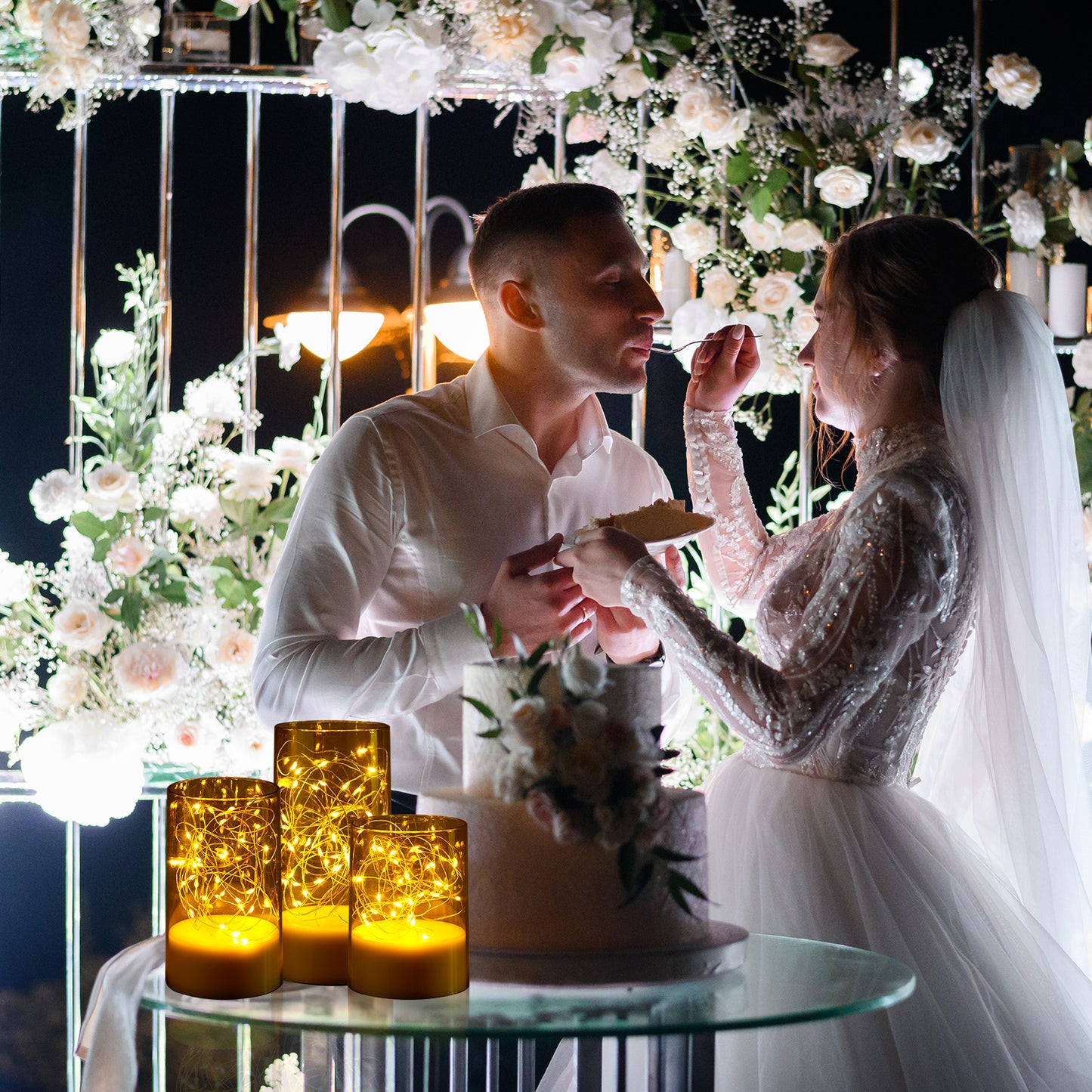 IMAGE Flickering Flameless Candles with String Lights - 3PCS Acrylic Shell Pillar LED Candles Featuring 13-Key Remote Timer, Battery Operated for Home, Wedding and Party Decor (D3 in X H4/5/6 in), Gold