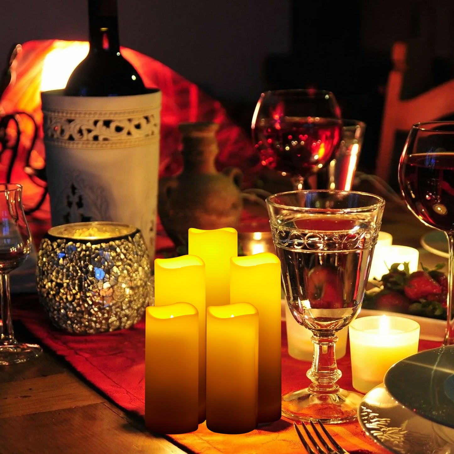 IMAGE Flameless Flickering Candles, Waterproof Battery Operated LED Pillar Candles with Votive Candles, Ivory Plastic Candles with Remote Timer for Christmas Wedding Home Decor, Set of 12