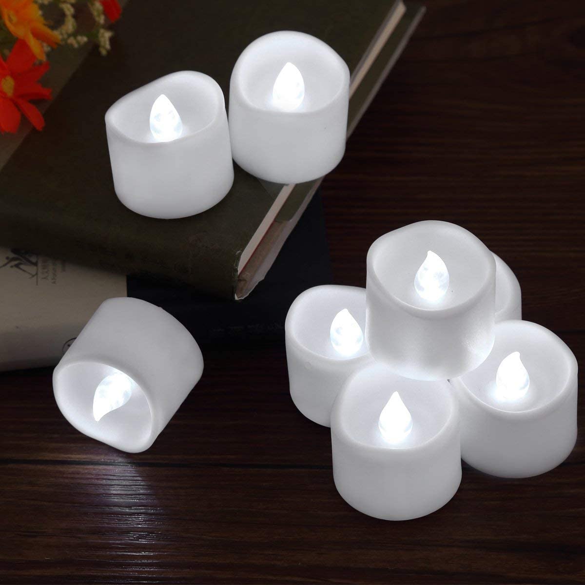 12PCS Tea Lights Flameless LED Battery Operated Candles Lights for Wedding Party Seasonal & Festival Celebration with 100pcs Decorative Fake Rose Petals