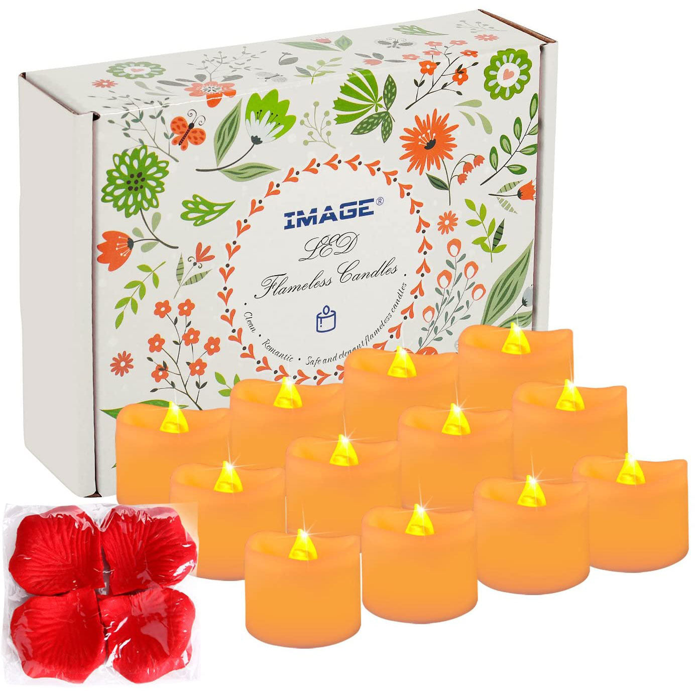 12PCS Tea Lights Flameless LED Battery Operated Candles Lights for Wedding Party Seasonal & Festival Celebration with 100pcs Decorative Fake Rose Petals