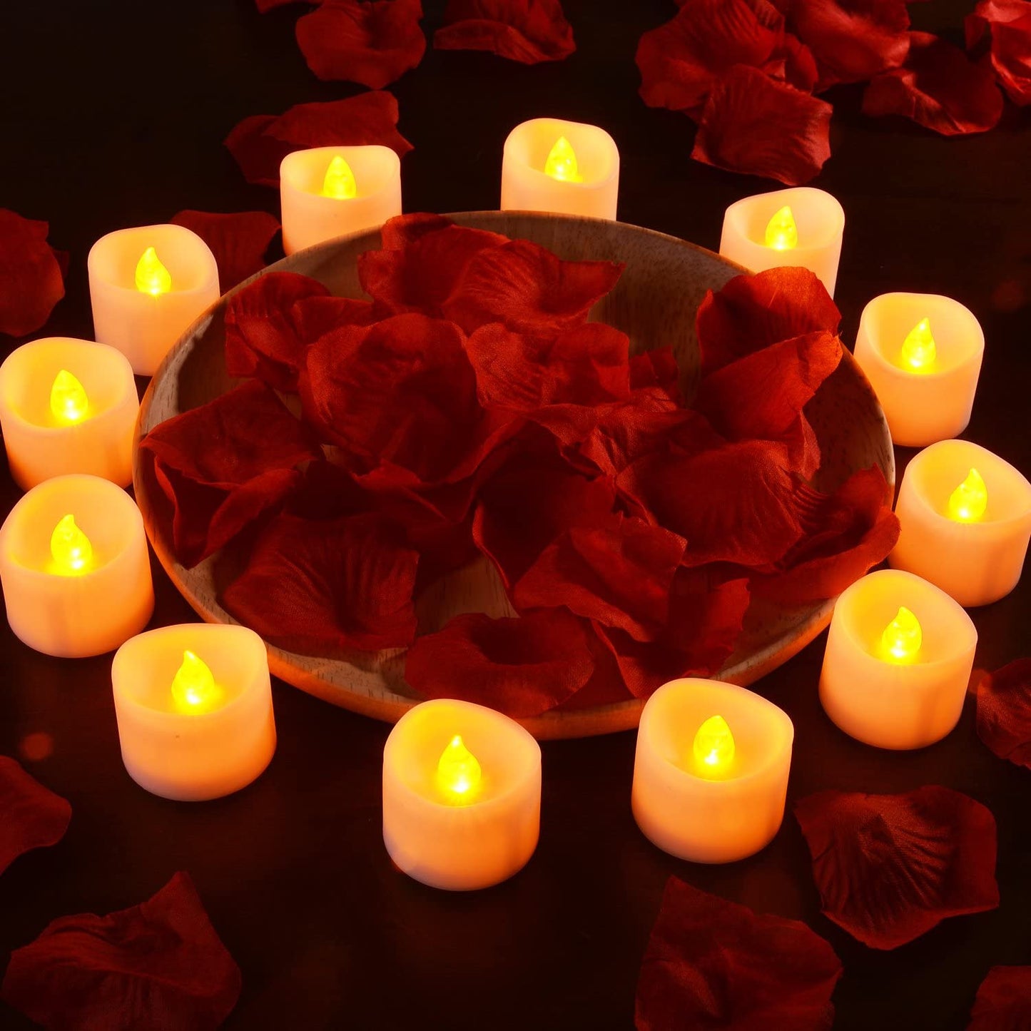 12PCS Tea Lights Flameless LED Battery Operated Candles Lights for Wedding Party Seasonal & Festival Celebration with 100pcs Decorative Fake Rose Petals