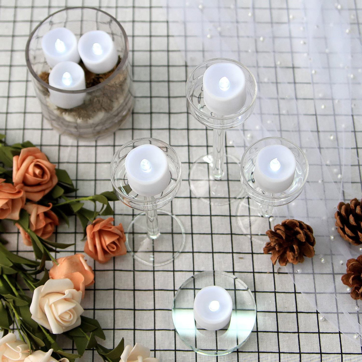 12PCS Tea Lights Flameless LED Battery Operated Candles Lights for Wedding Party Seasonal & Festival Celebration with 100pcs Decorative Fake Rose Petals
