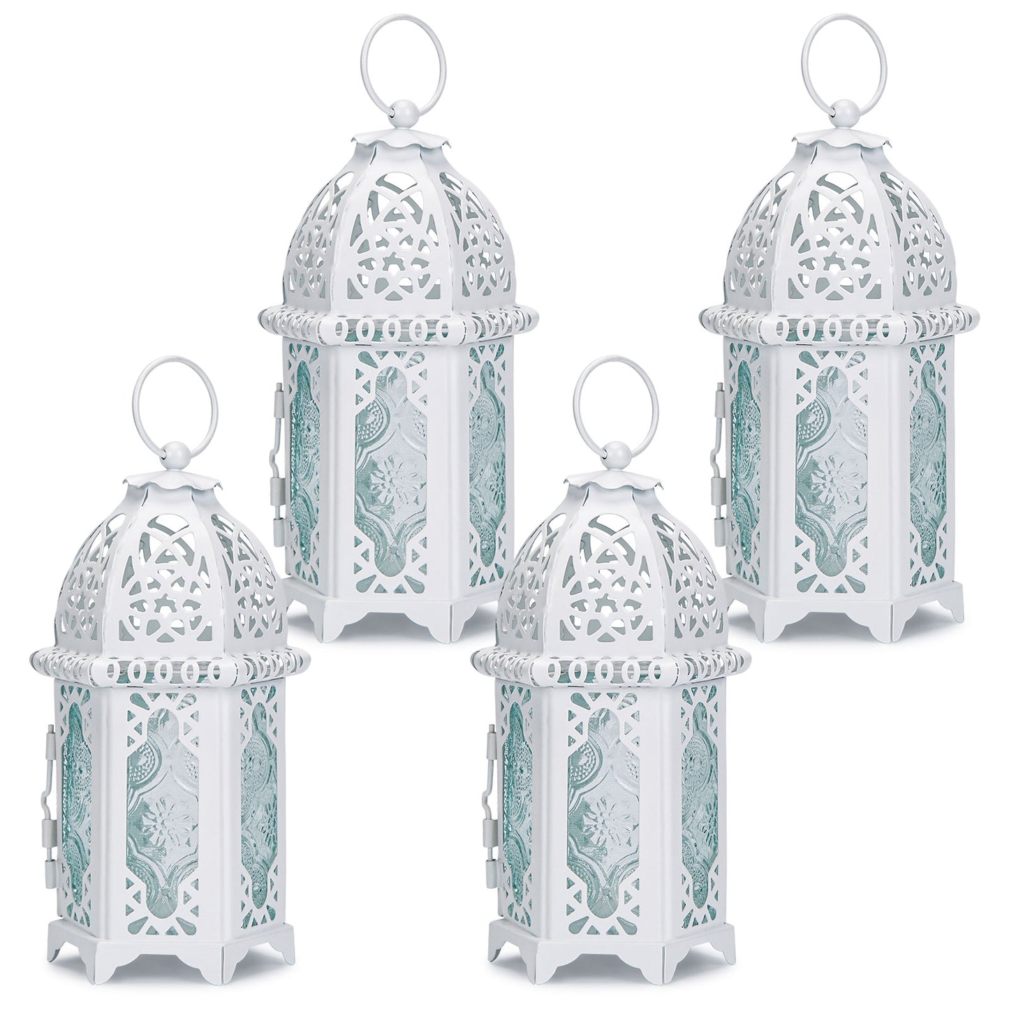 Metal Candle Holder Small Sized 4PCS sets Transparent Glass Moroccan Style Hanging Lanterns Creative Wedding Home Tabletop Decoration Birdcage, white