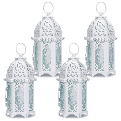 Metal Candle Holder Small Sized 4PCS sets Transparent Glass Moroccan Style Hanging Lanterns Creative Wedding Home Tabletop Decoration Birdcage, white