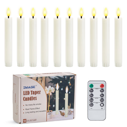 IMAGE Taper Candles, 12 Pcs Battery Operated Taper Candles 3D Wick Ivory Taper Flameless Candles with 10 Keys Remote and Timer, Flickering Flameless Taper Candles Warm White