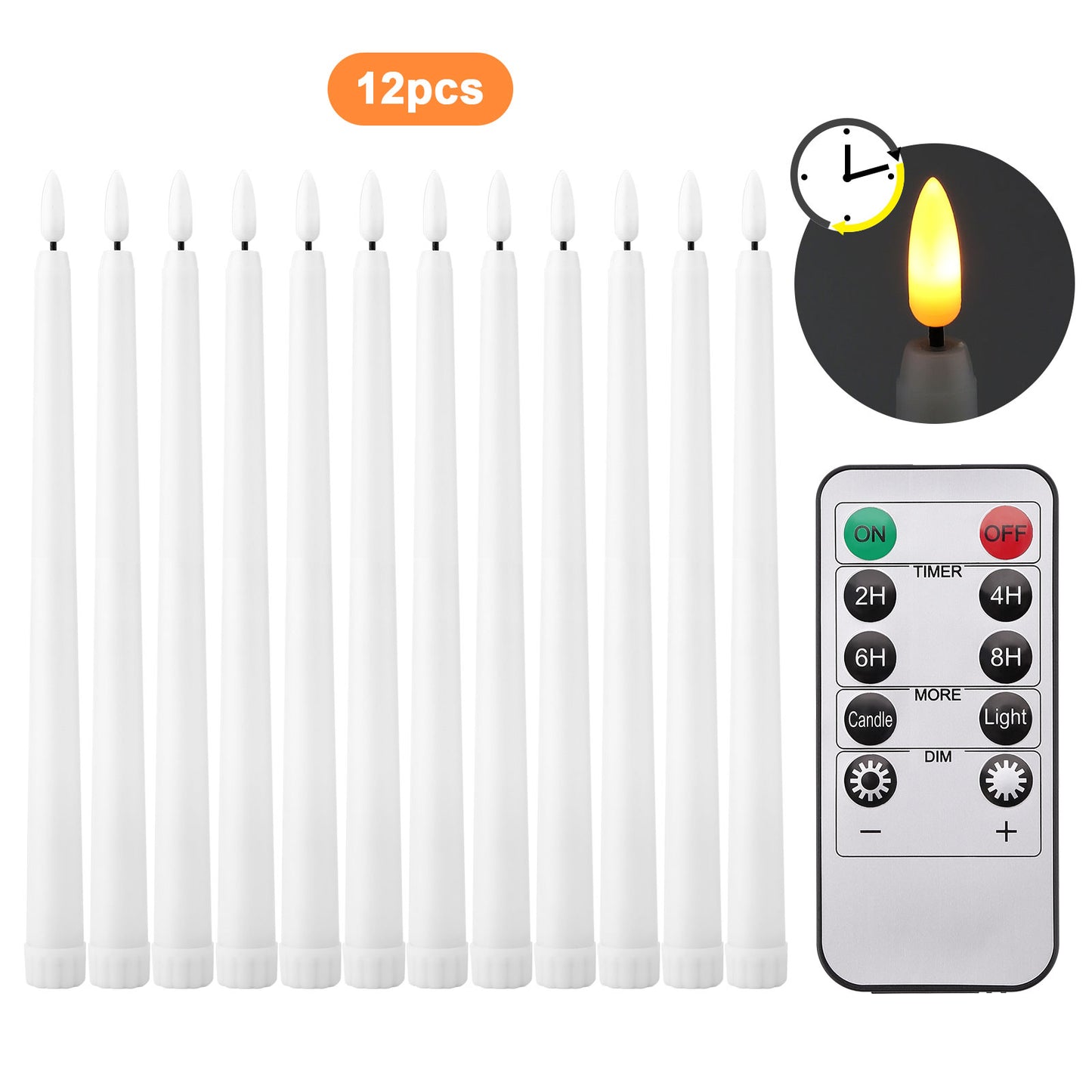 Taper Candles, IMAGE 12 Pcs Battery Operated Taper Candles 3D Wick Ivory Taper Flameless Candles with 10 Keys Remote and Timer, Flickering Flameless Taper Candles Warm White