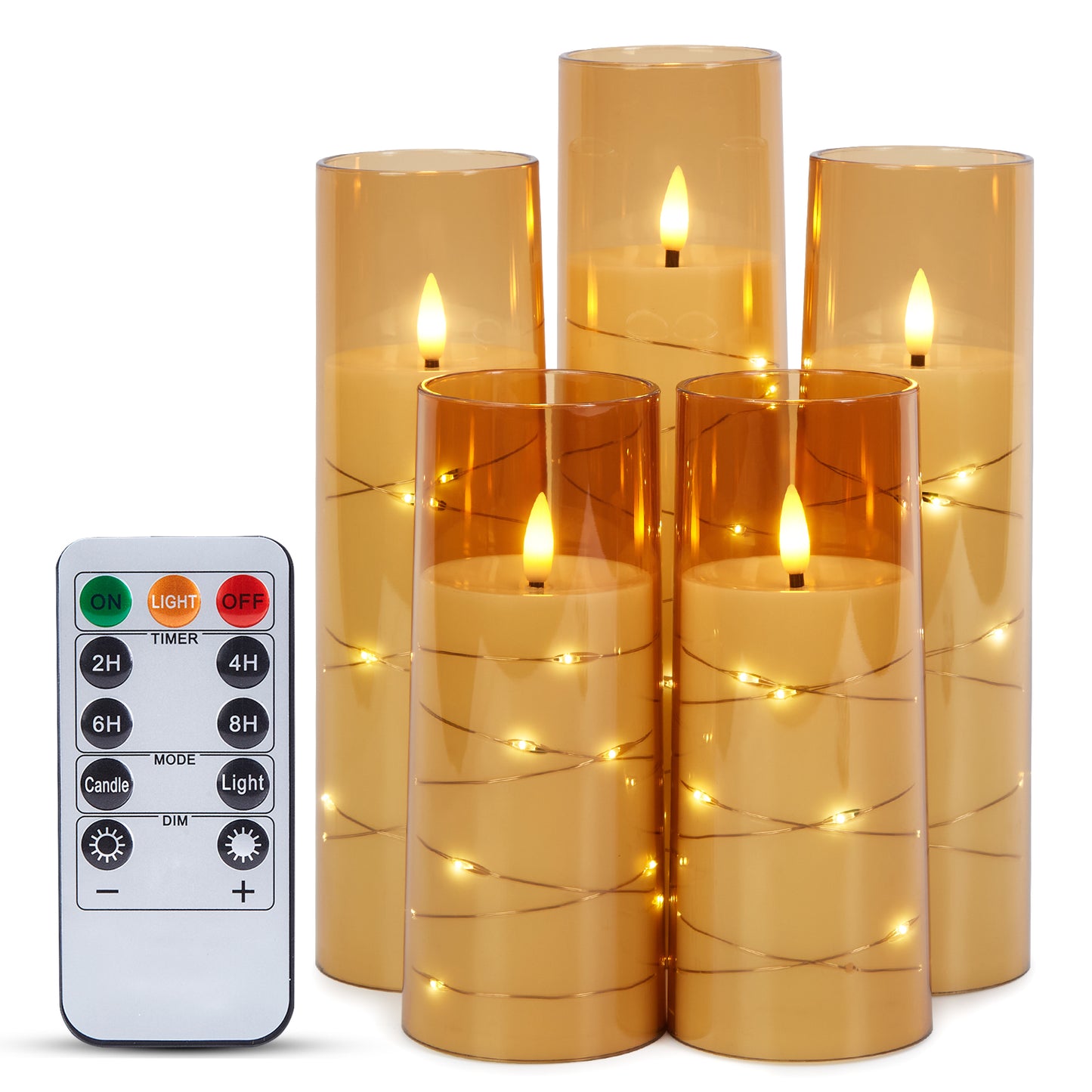 IMAGE Flickering Flameless Candles Battery Operated, Acrylic Shell Pillar 3D Wick LED Candles with 11-Key Remote Control Timer for Wedding Christmas Home Decor Set of 5 (D2.3 in X H5 5 7 7 8 in), Gold