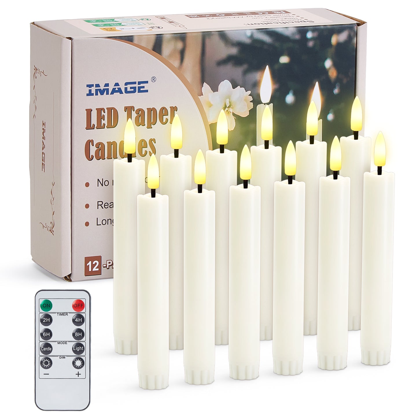 IMAGE Taper Candles, 12 Pcs Battery Operated Taper Candles 3D Wick Ivory Taper Flameless Candles with 10 Keys Remote and Timer, Flickering Flameless Taper Candles Warm White