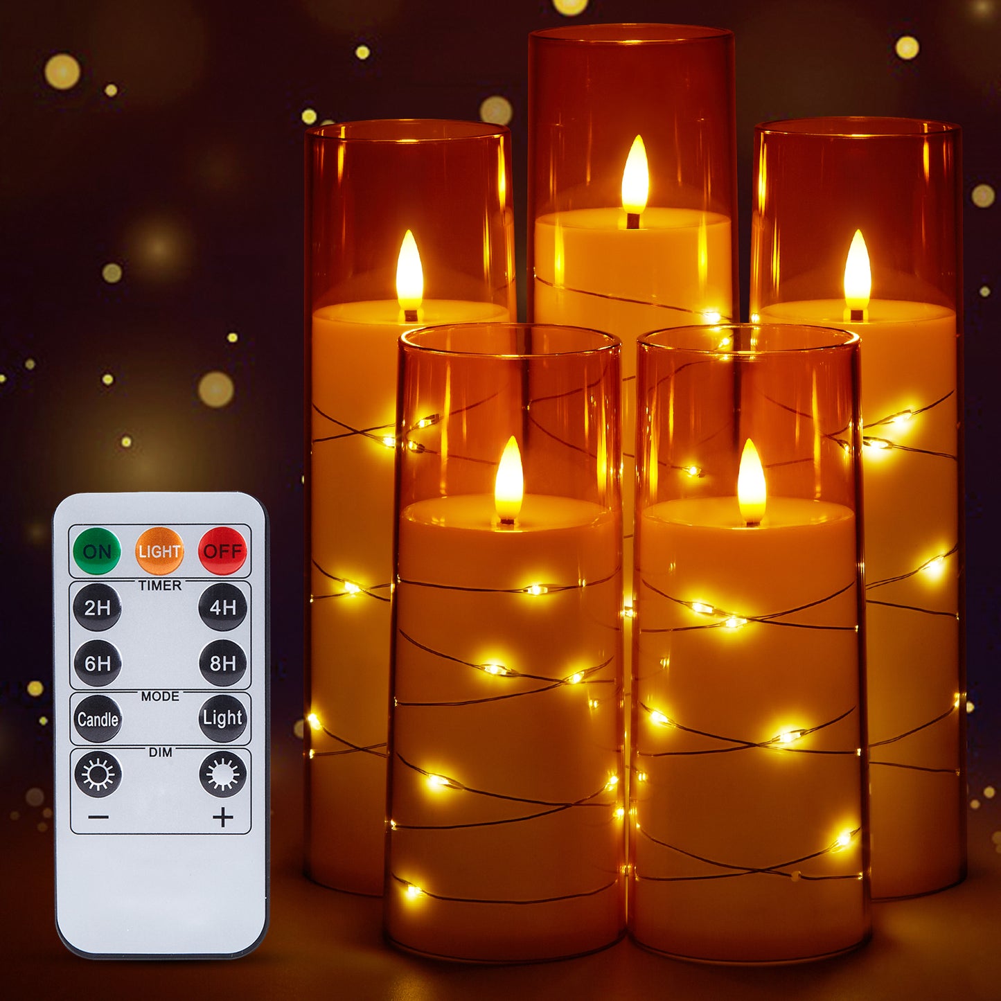 IMAGE Flickering Flameless Candles Battery Operated, Acrylic Shell Pillar 3D Wick LED Candles with 11-Key Remote Control Timer for Wedding Christmas Home Decor Set of 5 (D2.3 in X H5 5 7 7 8 in), Gold