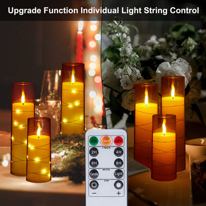 IMAGE Flickering Flameless Candles Battery Operated, Acrylic Shell Pillar 3D Wick LED Candles with 11-Key Remote Control Timer for Wedding Christmas Home Decor Set of 5 (D2.3 in X H5 5 7 7 8 in), Gold