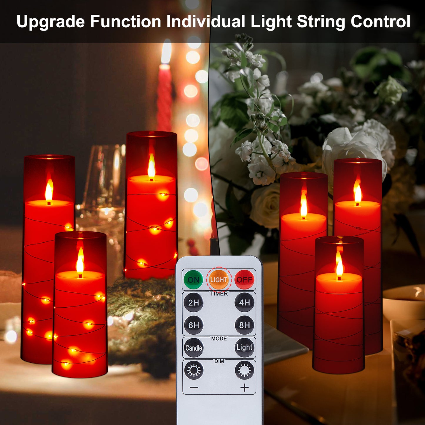 IMAGE Flickering Flameless Candles Battery Operated, Acrylic Shell Pillar 3D Wick LED Candles with 11-Key Remote Control Timer for Wedding Christmas Home Decor Set of 5 (D2.3 in X H5 5 7 7 8 in), Red