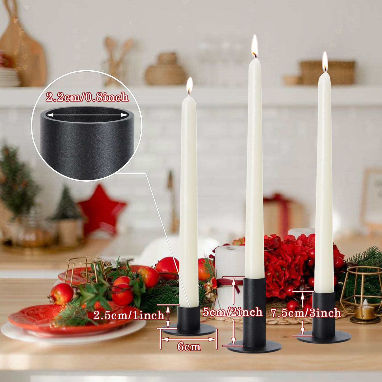 3PCS Set of Black Candle Holders, Decorative Metal Candlesticks for Taper Candles tiered heights 1/2/3inch