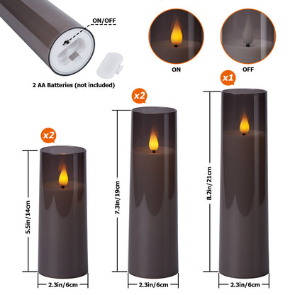 IMAGE Flickering Flameless Candles Battery Operated, Acrylic Shell Pillar 3D Wick LED Candles with 10-Key Remote Control Timer for Wedding Christmas Home Decor Set of 5 (D2.3 in X H5 5 7 7 8 in), Grey