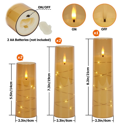 IMAGE Flickering Flameless Candles Battery Operated, Acrylic Shell Pillar 3D Wick LED Candles with 11-Key Remote Control Timer for Wedding Christmas Home Decor Set of 5 (D2.3 in X H5 5 7 7 8 in), Gold