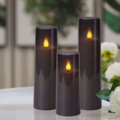 IMAGE Flickering Flameless Candles Battery Operated, Acrylic Shell Pillar 3D Wick LED Candles with 10-Key Remote Control Timer for Wedding Christmas Home Decor Set of 5 (D2.3 in X H5 5 7 7 8 in), Grey